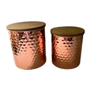 Uncommon‎ James Hammered Copper Canister Set 2pc Kitchen Storage w/ Wood Lids